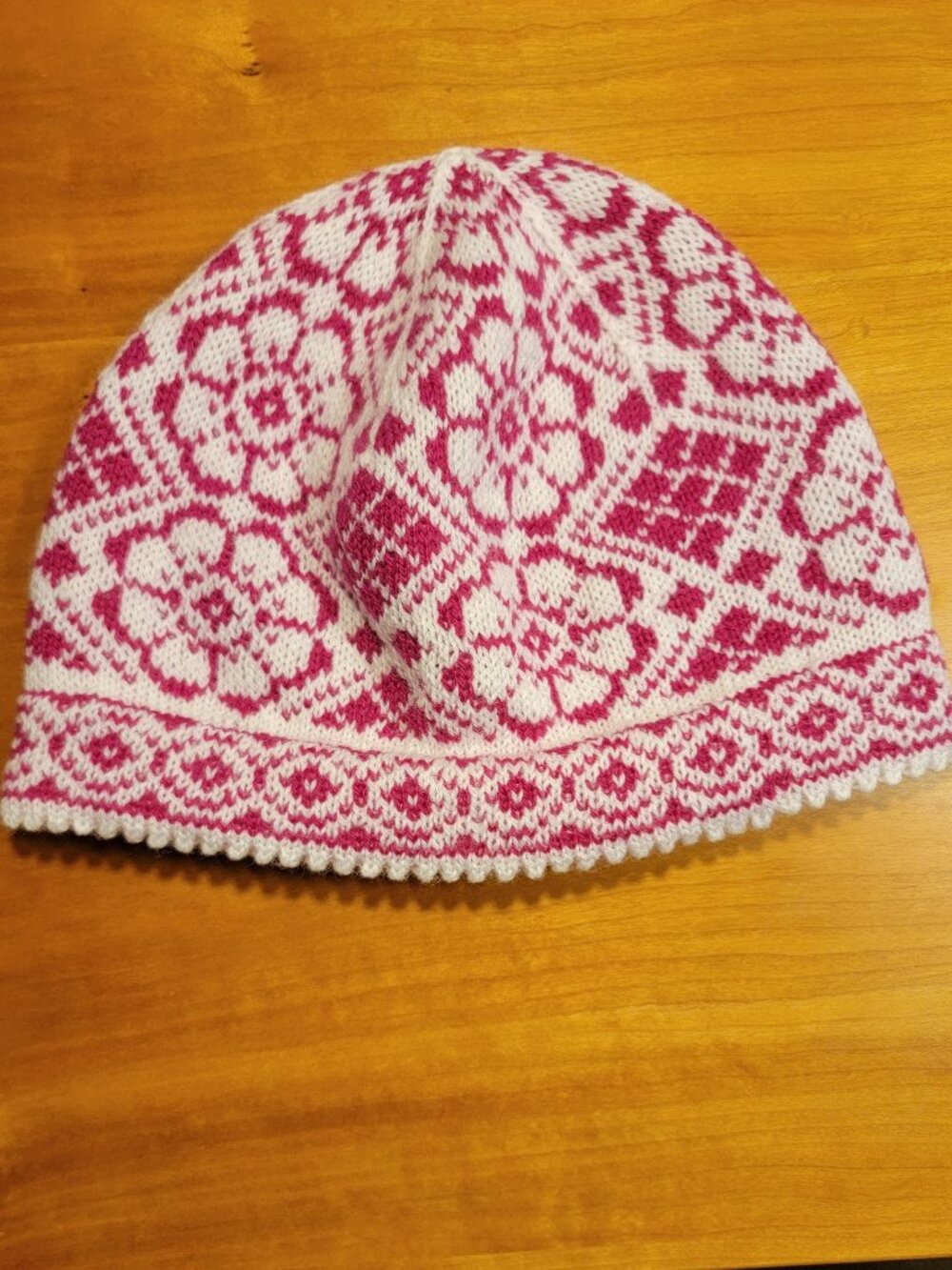 Hand Crafted Handmade Hand Knit Flower Beanie Hat with Picot Edging - Adult Size - Picture 2 of 5